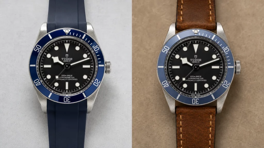  Glossy blue ceramic bezel with FKM rubber strap beside matte faded aluminum bezel with brown leather