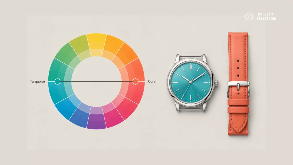 Color wheel showing turquoise dial and coral strap as complementary opposites for a bold pairing