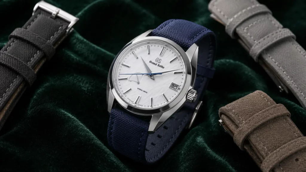 Grand Seiko Snowflake titanium watch on a navy strap with charcoal, gray, and taupe suede strap options