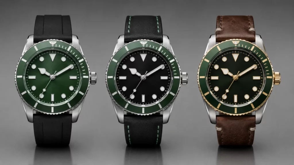 Three green bezel watch setups compared — all-green dial, green bezel with black dial, and two-tone — with matched straps