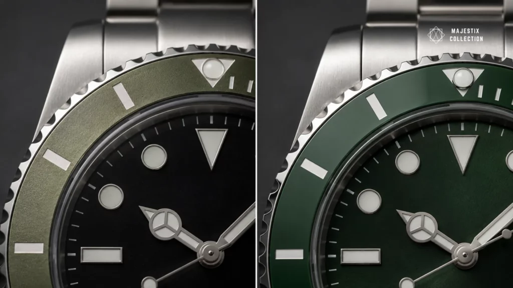 Light olive aluminum Kermit bezel beside a deep forest ceramic Hulk bezel showing green shade difference