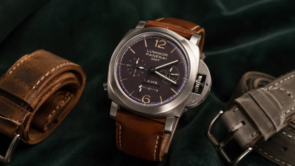 Panerai Luminor titanium watch on a cognac leather strap with vintage brown and gray strap options