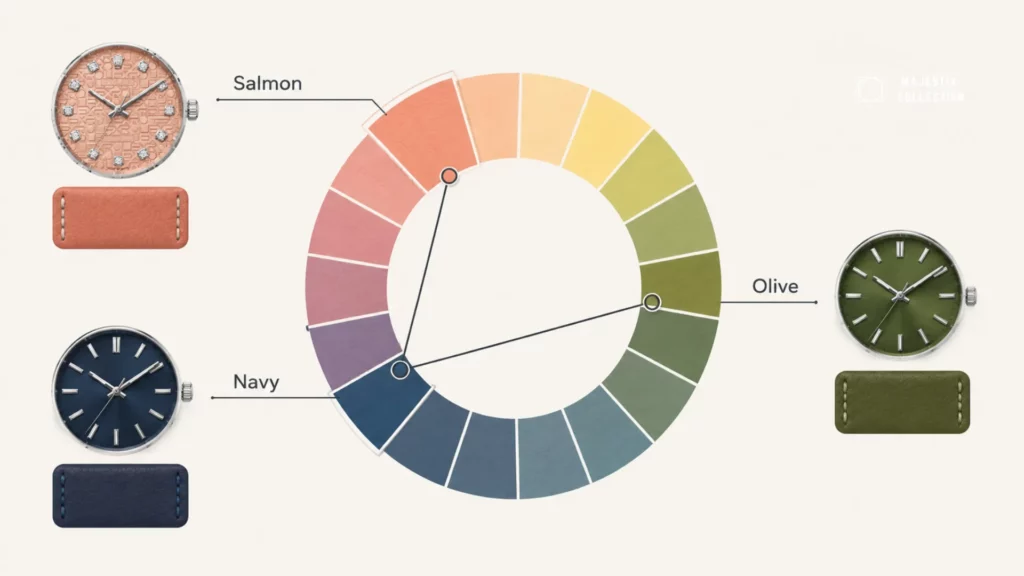 Color wheel illustration showing salmon dial sitting opposite navy and olive green complementary strap tones