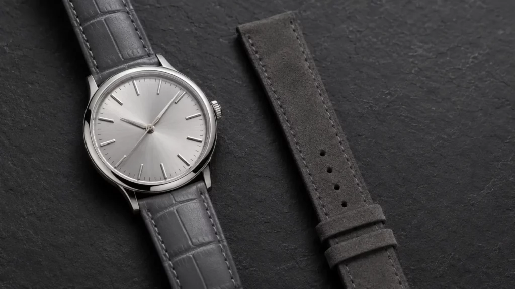 Matte slate alligator and charcoal nubuck straps on a silver dial white gold watch, tone-on-tone pairing