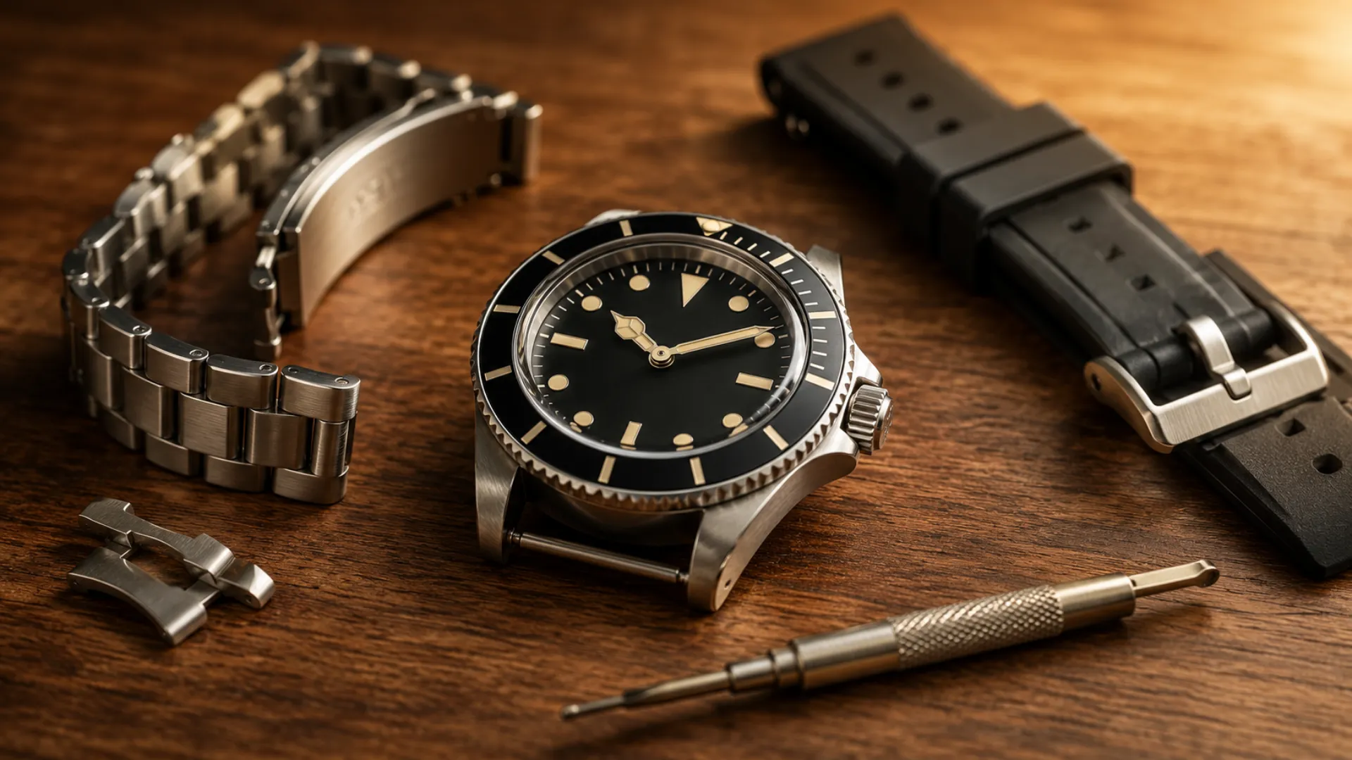 Steel sports watch with rubber strap next to its steel bracelet on a warm-toned surface