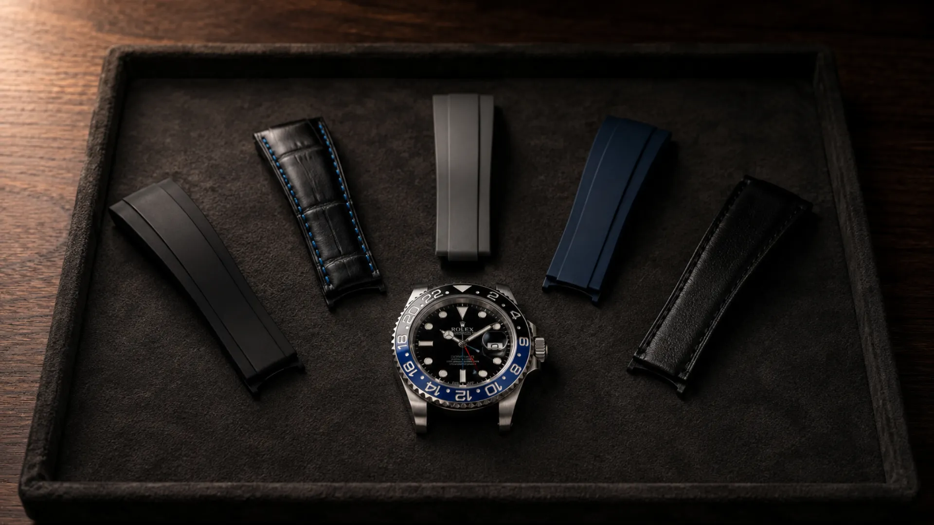 Rolex GMT-Master II Batman with strap colors that suit a black and blue bezel laid out beside it