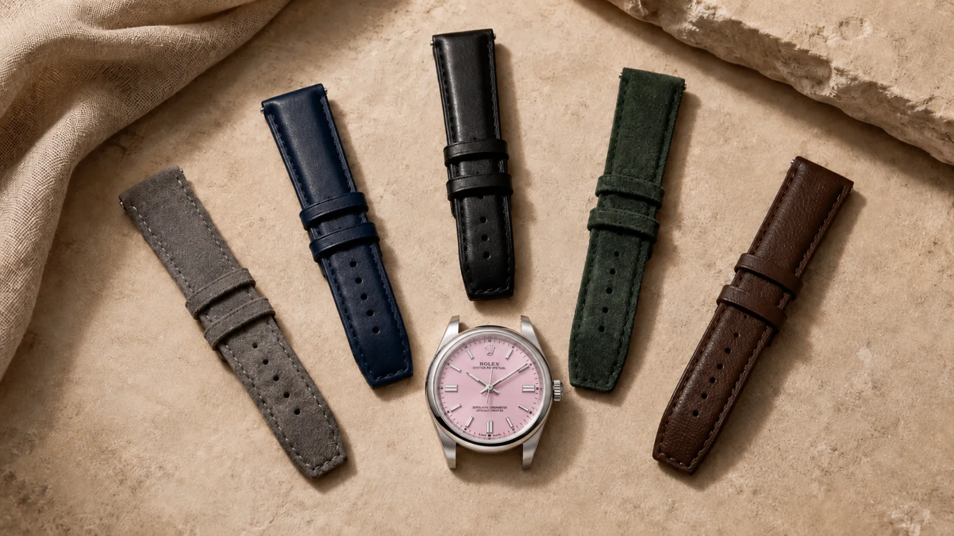 Pink dial luxury watch shown with five strap color options in a flat lay guide