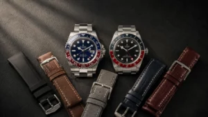 Pepsi GMT watch with red and blue bezel surrounded by black, brown, gray, navy and burgundy straps