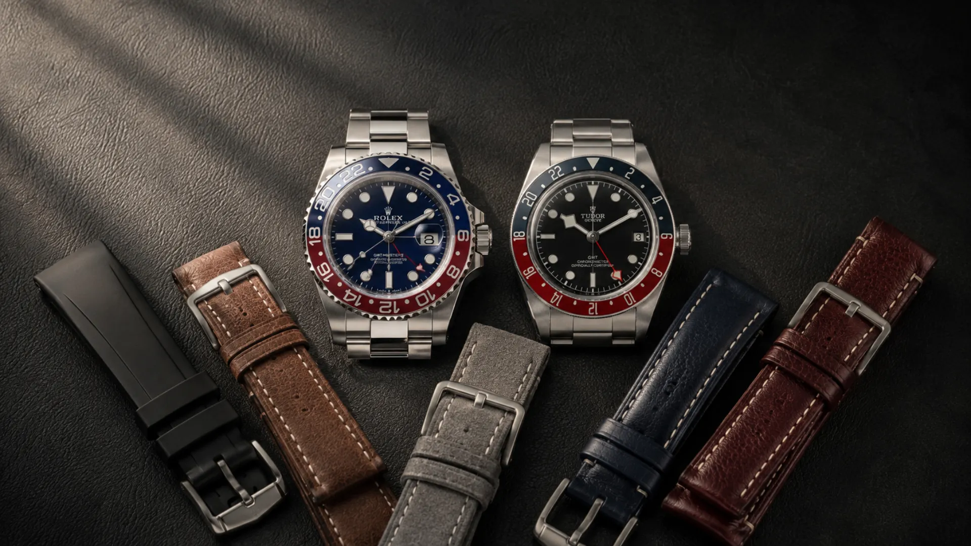 Pepsi GMT watch with red and blue bezel surrounded by black, brown, gray, navy and burgundy straps