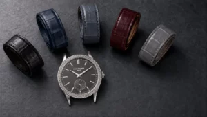 Five strap colors that suit a white gold case arranged around a strapless white gold Calatrava case