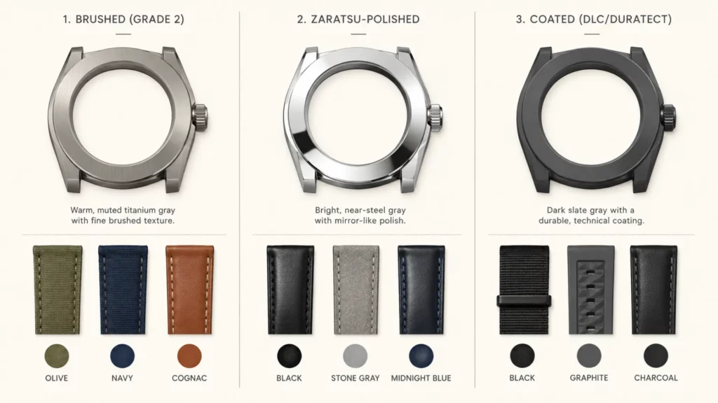 Comparison of brushed, polished, and coated titanium tones and the strap colors that suit each