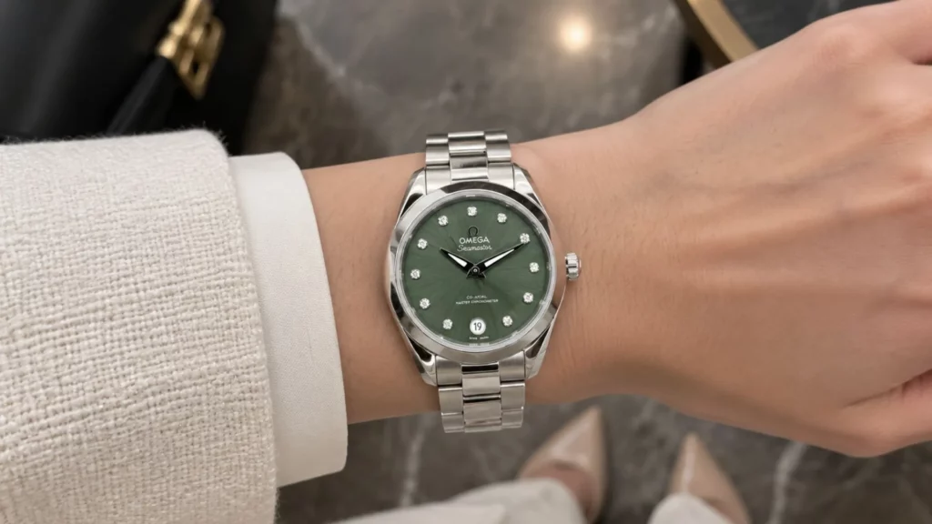 2026 Omega Seamaster Aqua Terra Green Sunburst Dial Diamond Markers 220.10.30.20.60.001 - On-Wrist