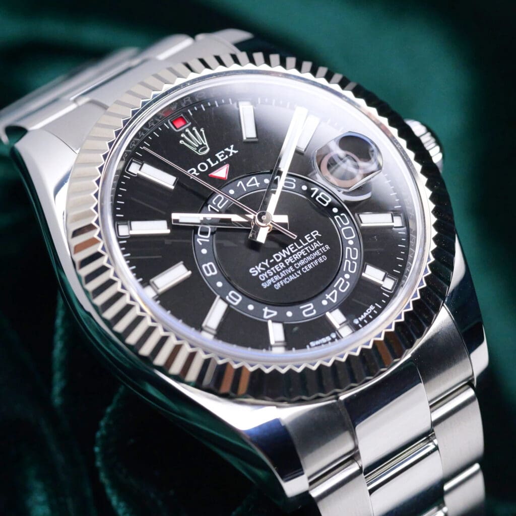 Rolex Sky-Dweller Black Dial 18K White Gold Fluted Bezel Oyster Bracelet Stainless Steel 42mm MINT CONDITION COMPLETE SET 336934-0007