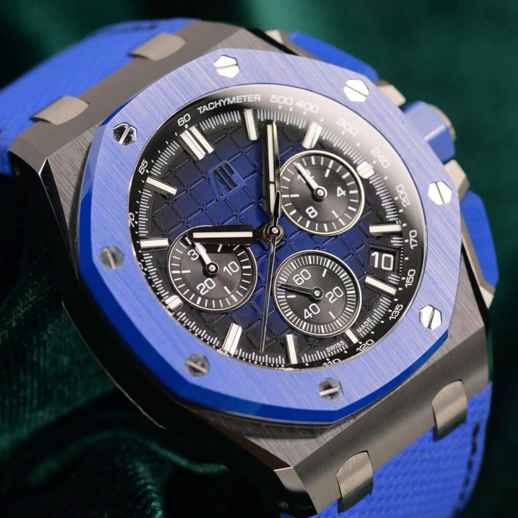 Audemars Piguet Royal Oak Offshore Chronograph Smoked Blue Dial Blue Ceramic Bezel Black Ceramic Blue Strap 43mm MINT CONDITION COMPLETE SET 26420CE.OO.A043VE.01