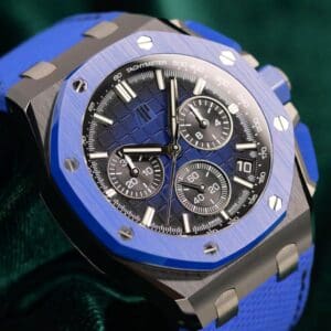 Audemars Piguet Royal Oak Offshore Chronograph Smoked Blue Dial Blue Ceramic Bezel Black Ceramic Blue Strap 43mm MINT CONDITION COMPLETE SET 26420CE.OO.A043VE.01