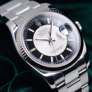 Rolex Datejust “Tuxedo” Black and Silver Dial 18K White Gold Fluted Bezel Stainless Steel Oyster 36mm MINT CONDITION COMPLETE SET 116234