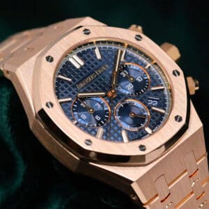 Audemars Piguet Royal Oak Selfwinding Chronograph Bleu Nuit Nuage 50 Blue Dial Bracelet 18k Rose Gold 38mm MINT CONDITION COMPLETE SET 26715OR.OO.1356OR.01
