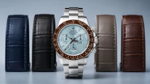 Rolex Daytona Platinum with ice blue dial flanked by navy, black, taupe, and brown alligator straps