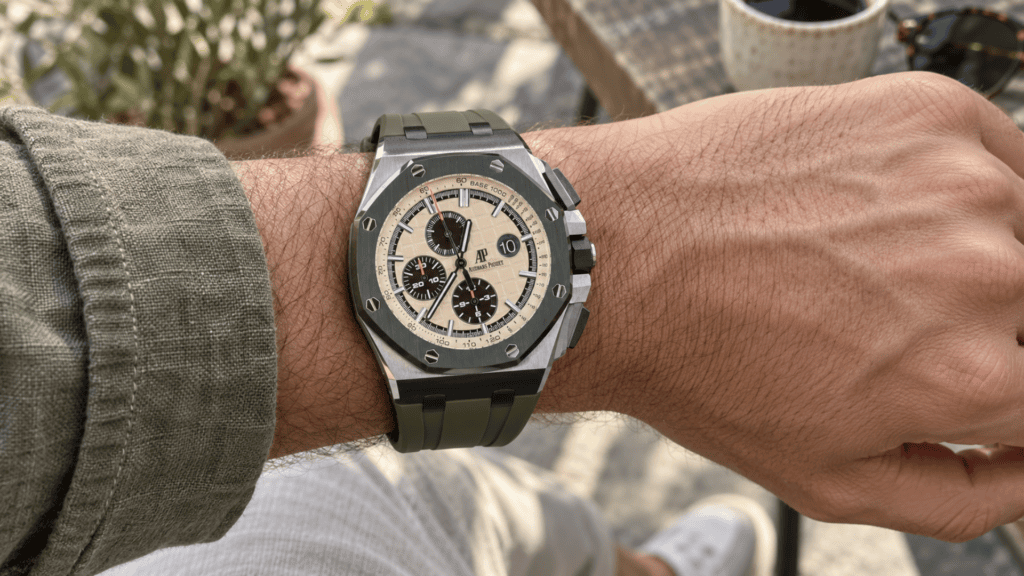 AP Royal Oak Offshore Chronograph Combat Champagne Dial Plain Camo Rubber 26400SO - On the wrist