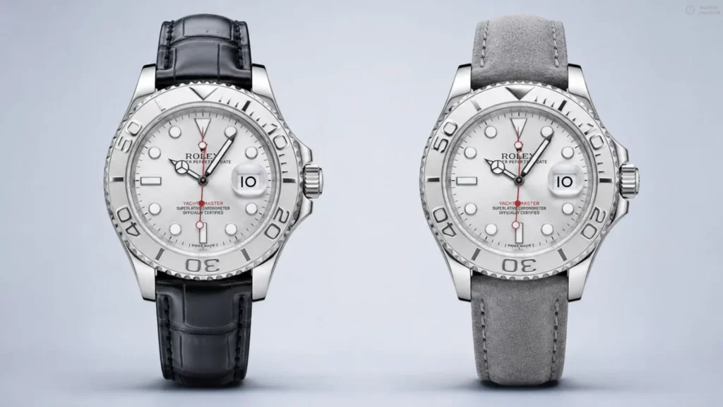 Two Rolex Yacht-Master watches with silver dials and platinum bezels on black alligator and grey suede straps