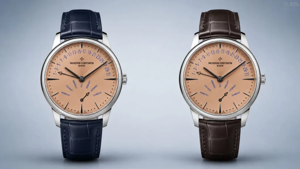 Two Vacheron Constantin watches with salmon dials on navy and brown alligator straps