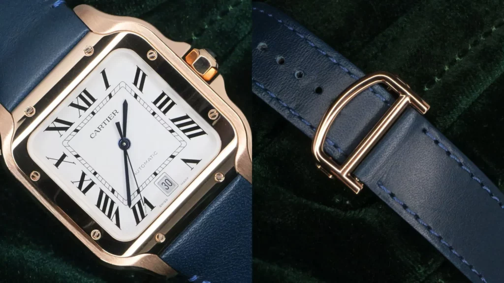 Pink gold Cartier Santos with white Roman dial and blue leather strap with signed buckle on green velvet