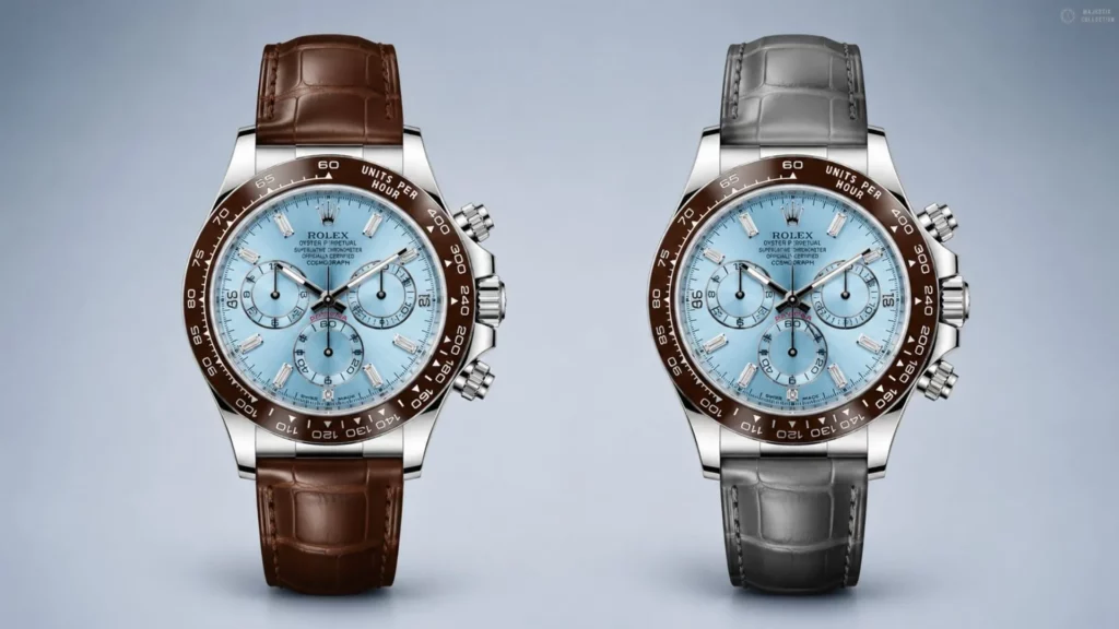 Two Rolex Daytona Platinum watches with ice blue diamond dials on brown and grey alligator straps
