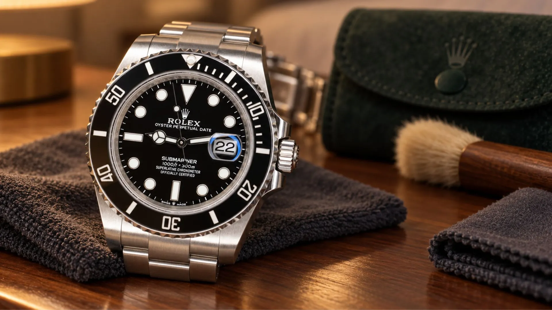 Steel Rolex Submariner on a microfiber cloth beside a soft brush and green Rolex pouch on a wooden desk