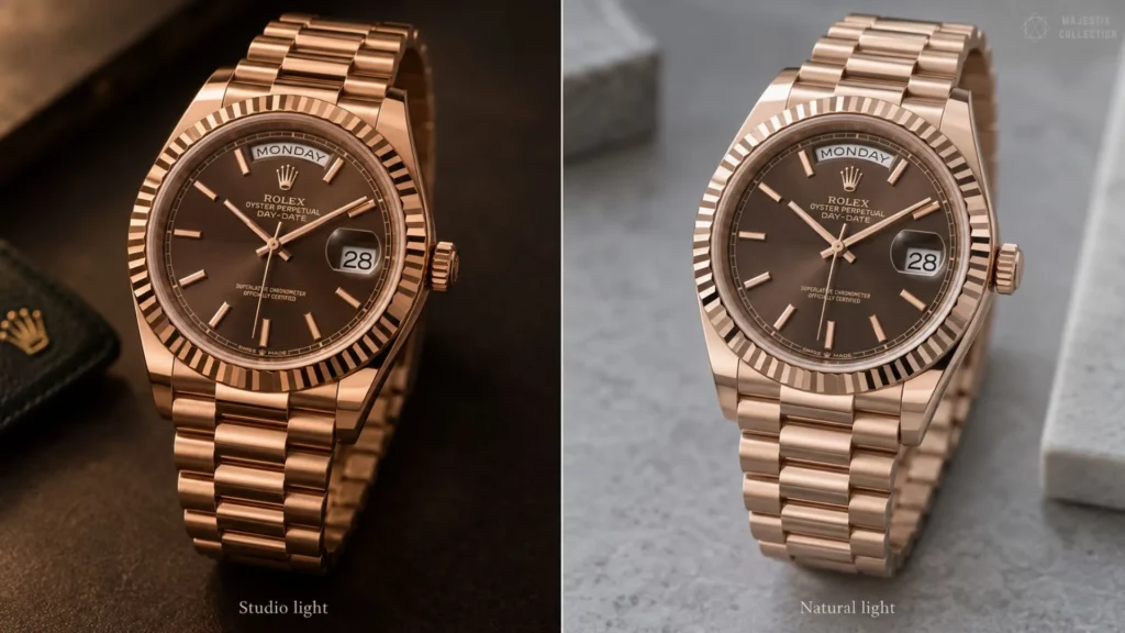 Rolex Day-Date chocolate dial in pink gold shown under studio light and natural light side by side