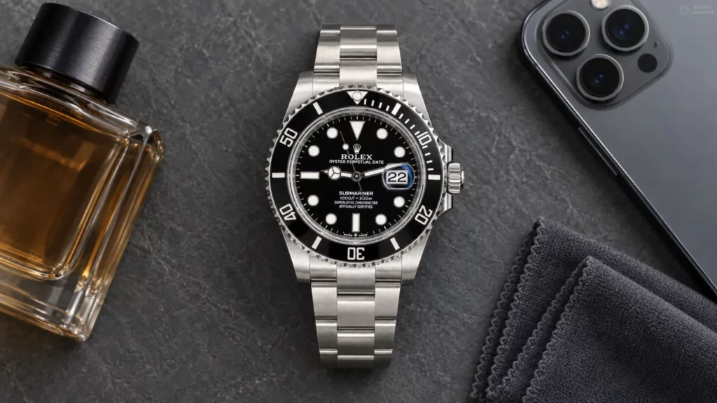 Steel Rolex Submariner on dark stone beside a cologne bottle, iPhone, and microfiber cloth