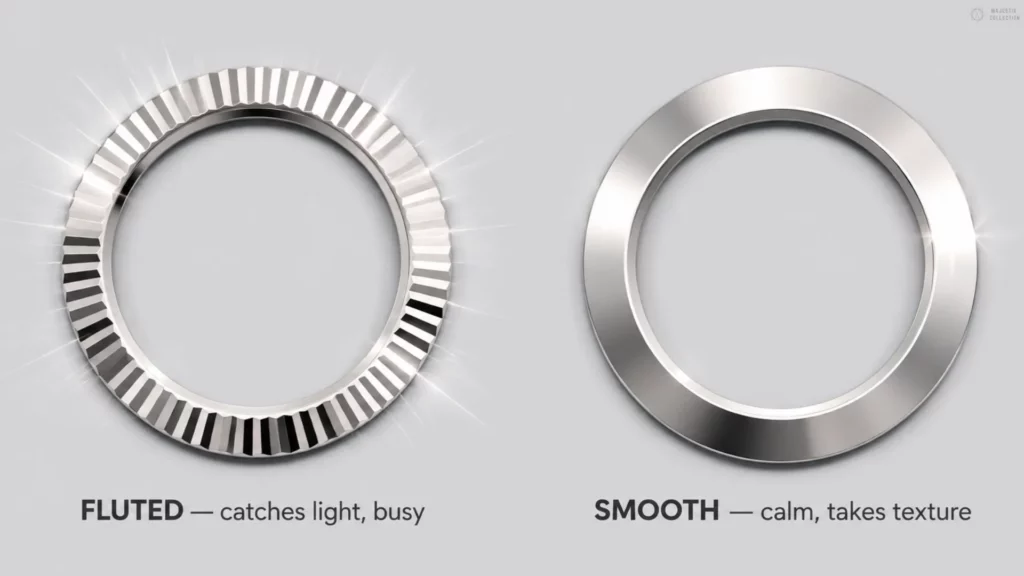 Comparison of a light-catching fluted platinum bezel against a calm smooth platinum bezel