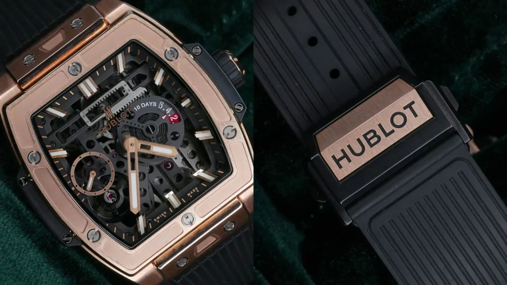 Hublot Spirit of Big Bang in King Gold with skeleton dial and black rubber strap on green velvet