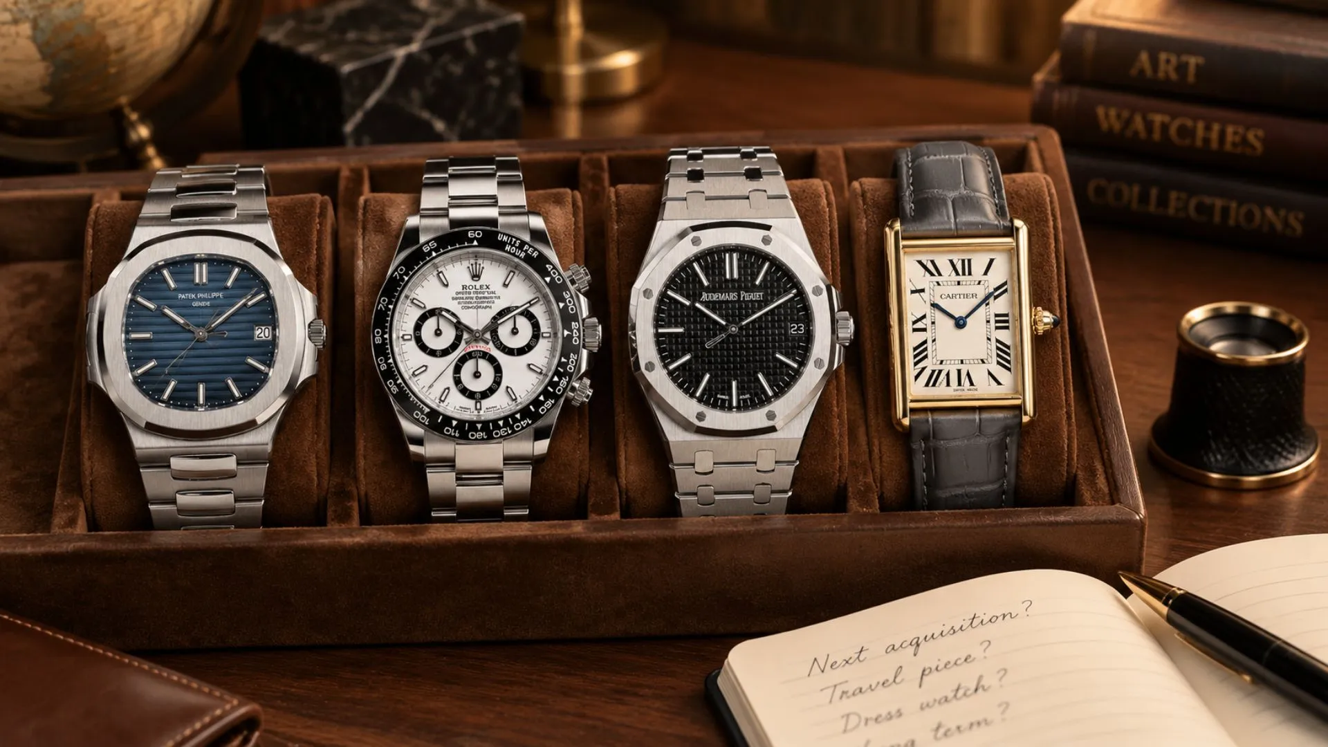 Patek Philippe Nautilus, Rolex Daytona, Audemars Piguet Royal Oak, and Cartier Tank in a watch box with a collector's notebook