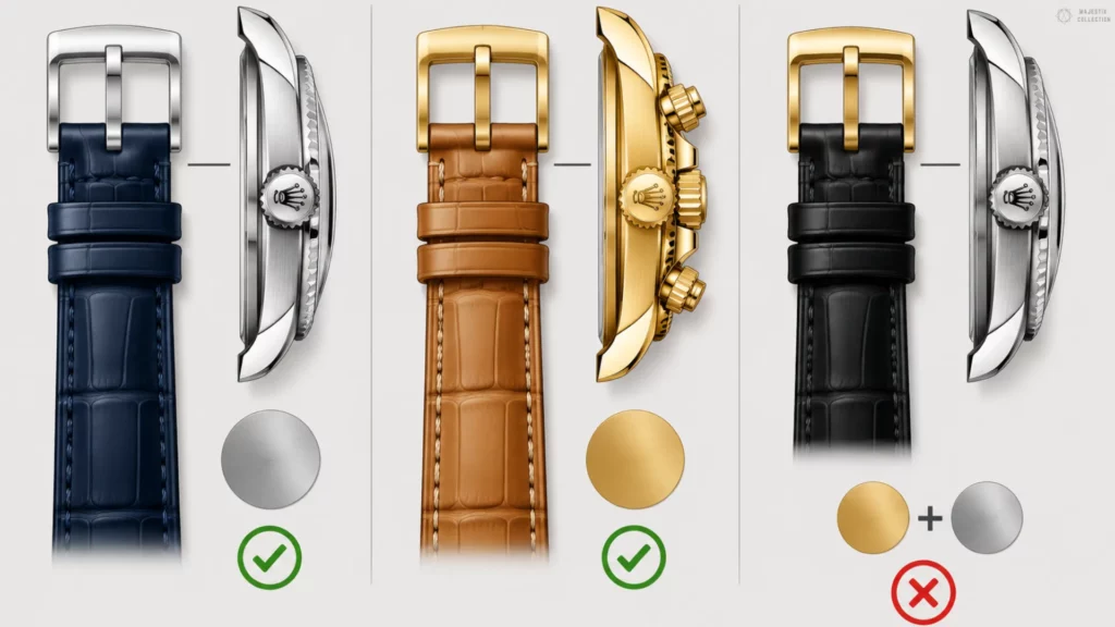 Buckle-to-case matching guide: steel buckle with steel case and gold buckle with gold case marked correct, mixed metals marked wrong