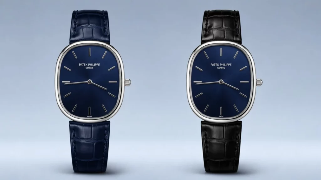 Two Patek Philippe Golden Ellipse watches with blue sunburst dials on navy and black alligator straps