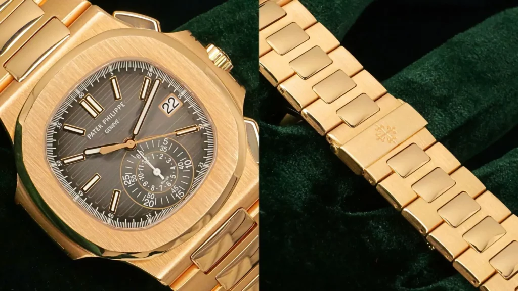 Pink gold Patek Philippe Nautilus chronograph with grey dial and Calatrava-signed bracelet clasp on green velvet