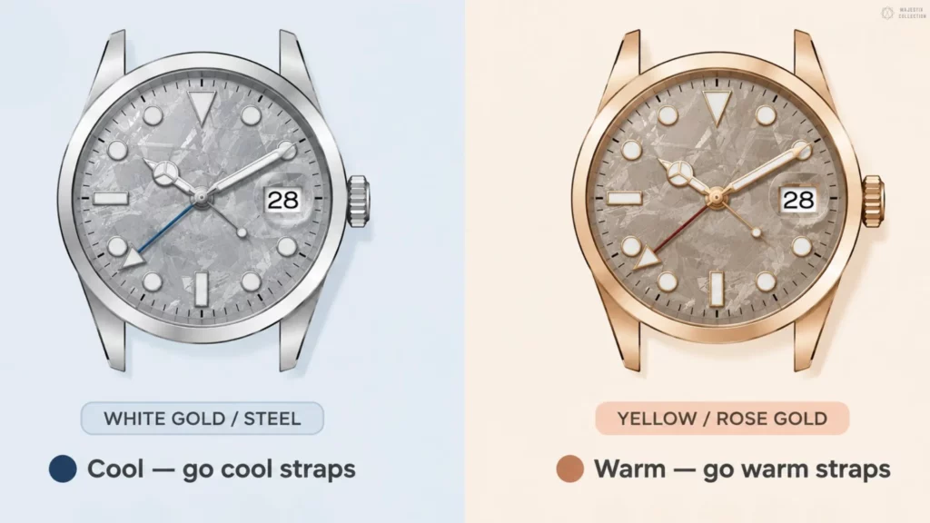 Cool-toned steel meteorite dial beside warm-toned rose gold meteorite dial illustrating strap pairing by case metal