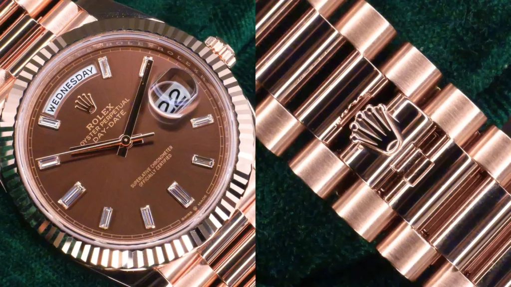 Rolex Day-Date 40 in Everose gold with chocolate diamond dial and President bracelet with crown detail on green velvet
