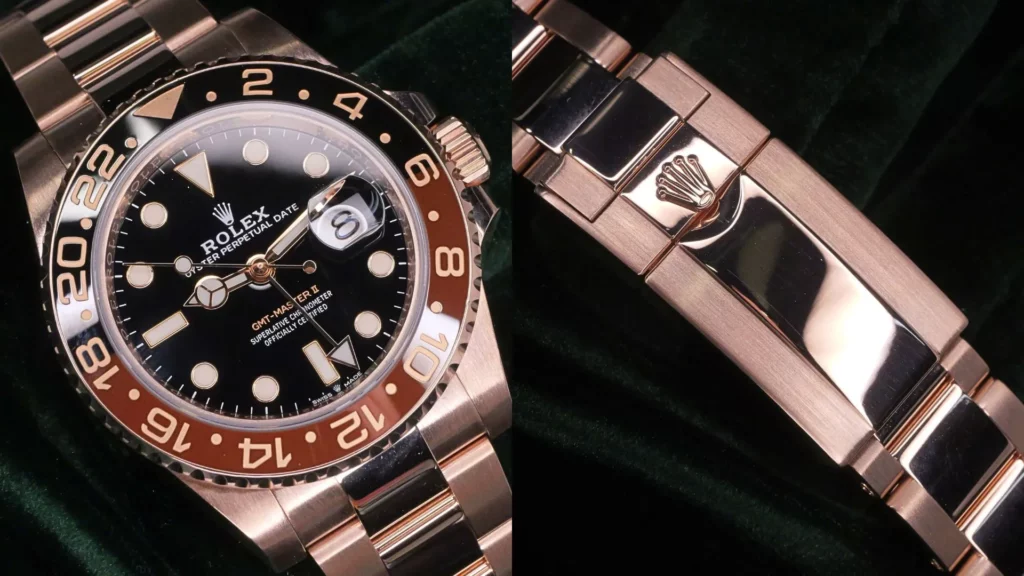 Rolex GMT-Master II Root Beer in Everose gold with brown-black bezel and President bracelet with crown clasp on green velvet