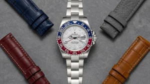 Steel GMT-Master II meteorite dial watch on bracelet surrounded by navy, oxblood, gray, and tan leather straps