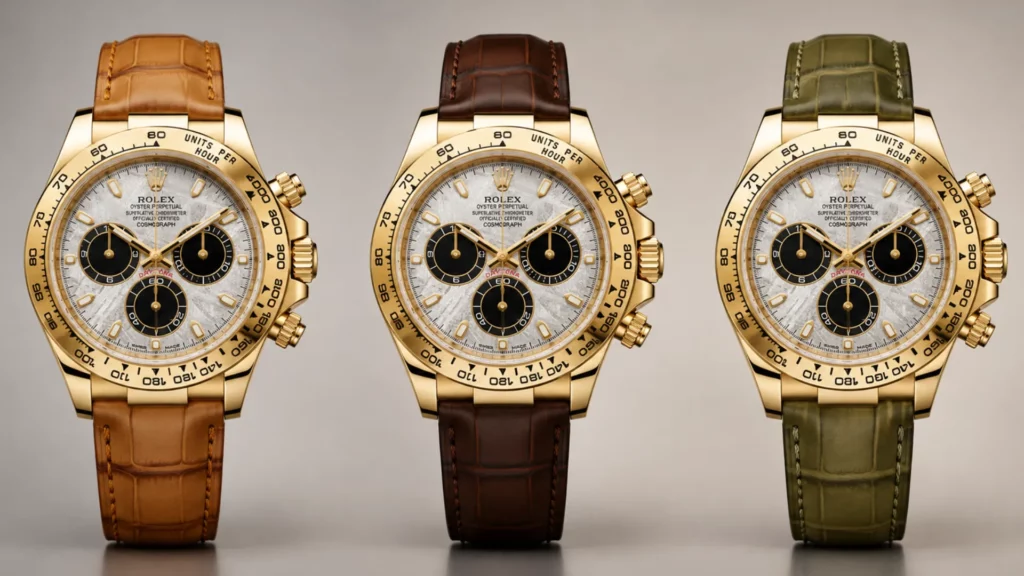 Three yellow gold Rolex Daytona meteorite dial watches on tan, brown, and olive leather straps