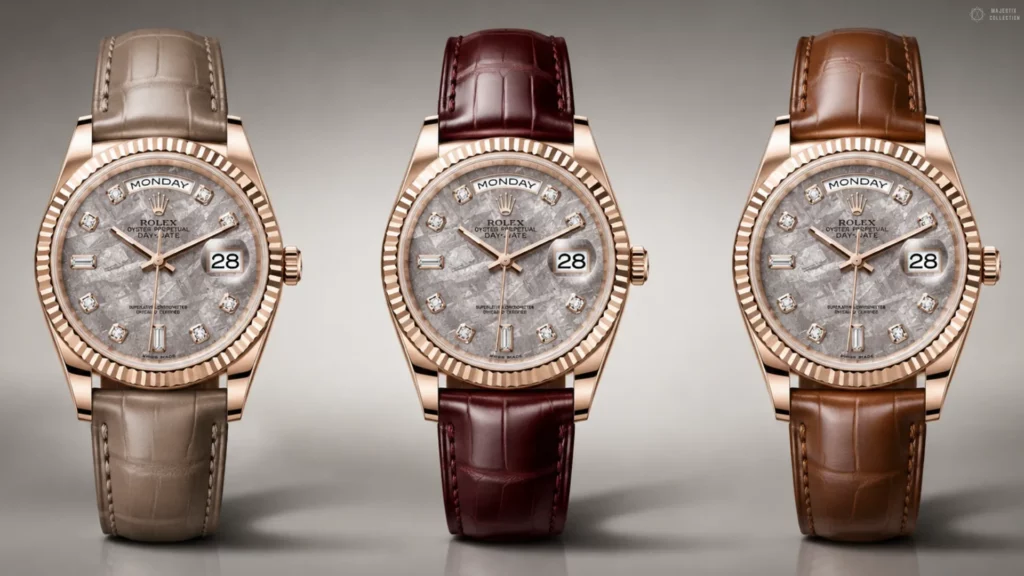 Three rose gold Rolex Day-Date meteorite dial watches on taupe, burgundy, and warm brown leather straps