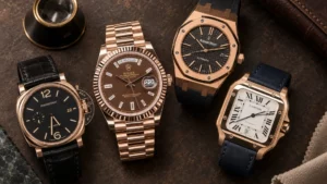 Four pink gold watches: Panerai Radiomir, Rolex Day-Date chocolate dial, Audemars Piguet Royal Oak, and Cartier Santos on brown leather