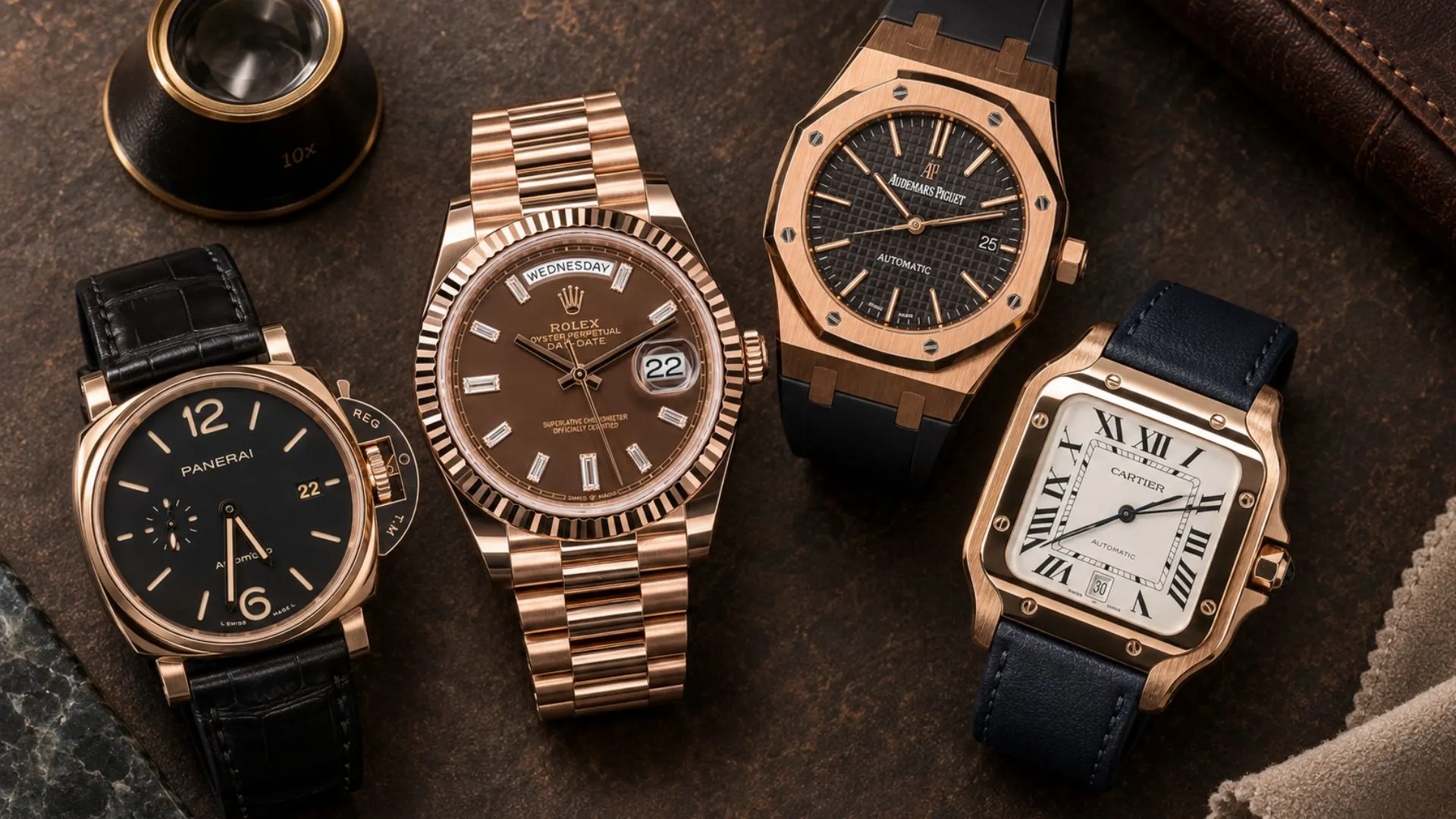 Four pink gold watches: Panerai Radiomir, Rolex Day-Date chocolate dial, Audemars Piguet Royal Oak, and Cartier Santos on brown leather