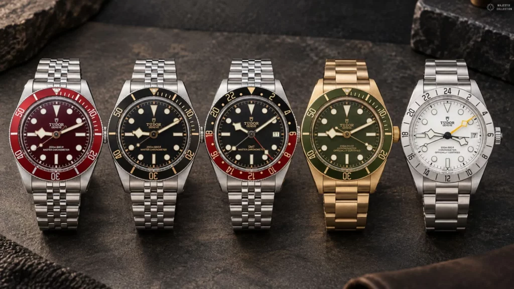 Five Tudor Black Bay watches in red, black, GMT, gold, and white on dark textured stone