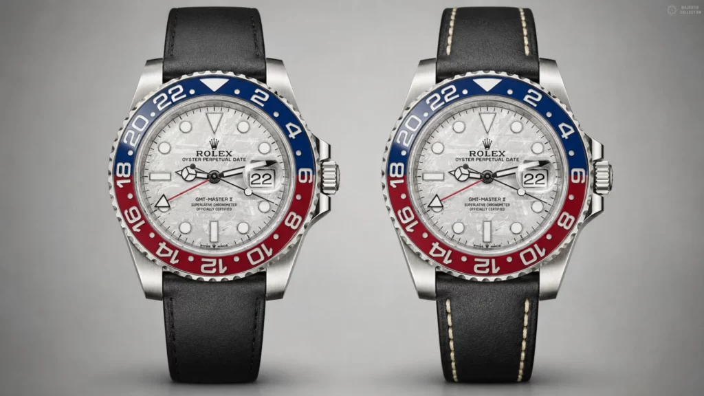 Three GMT-Master II watches on black leather straps showing dark, tonal, and cream contrast stitching