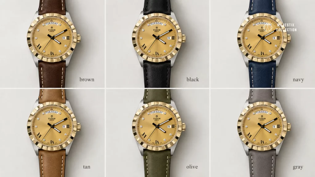Six strap colors that suit a yellow dial: brown, black, navy, tan, olive, and gray