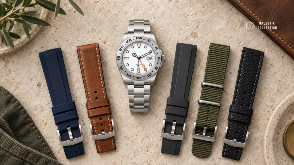 Navy, cognac, charcoal, olive, and black straps compared against an orange accent dial watch