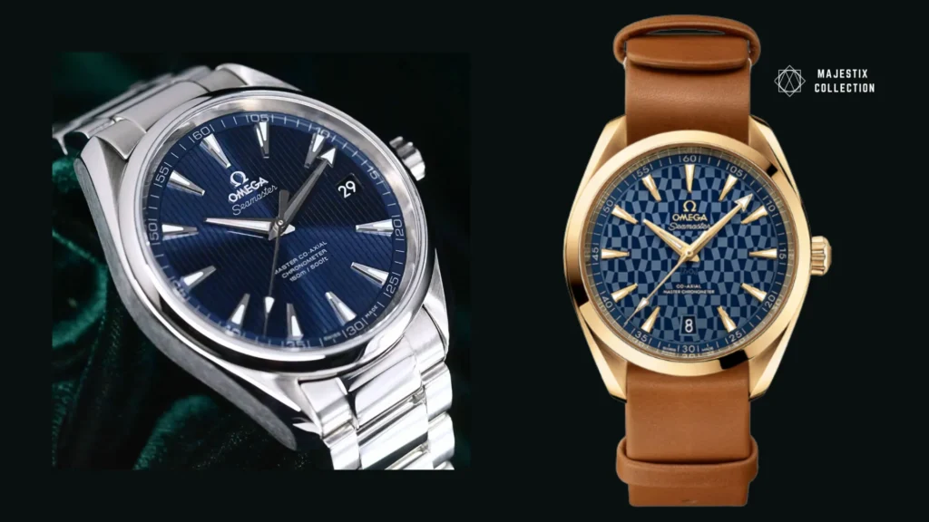 Steel and gold watch cases paired with cool and warm leather straps for a blue dial