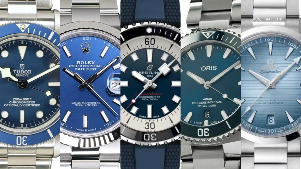 Blue watch dials compared by shade: Tudor navy, Rolex royal, Breitling cobalt, Oris teal, Omega ice blue